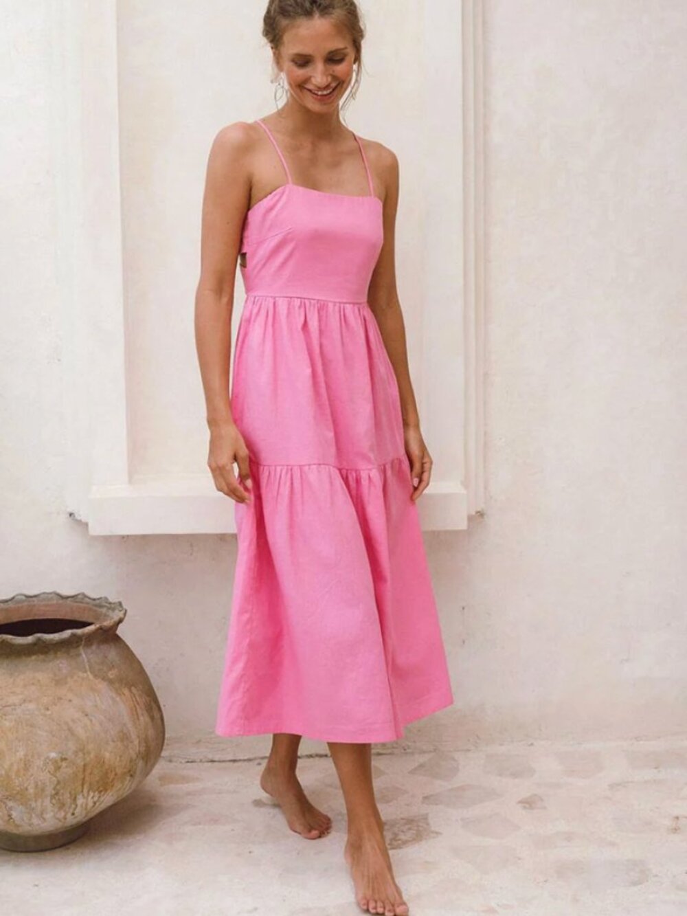 Rove Joie Midi Dress XS Pink Linen Cotton Backless Strappy Hemmed
